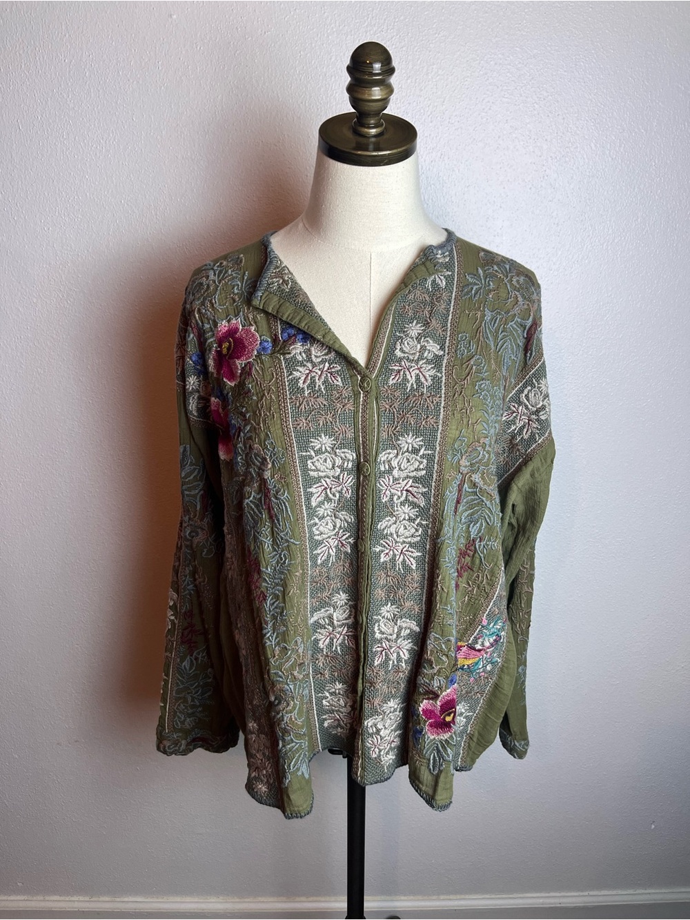 Johnny Was Olive Embroidered Button-Down with Floral Accents 100% Cotton